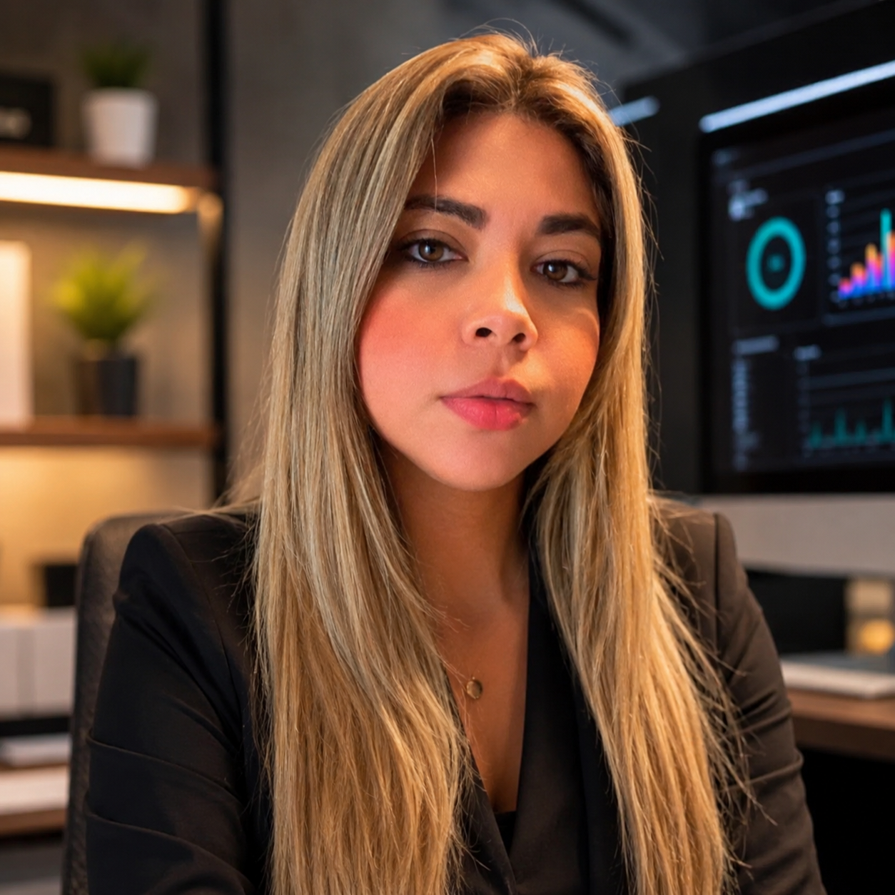 Adriana Ferreira em escritório com painel de métricas ao fundo